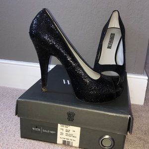 Vera Wang Black Glitter Peep toe platform heels